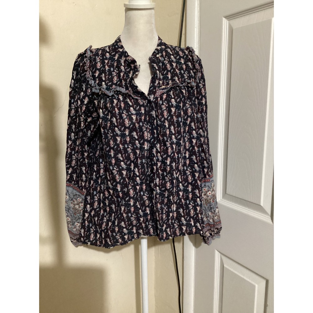 Joie Womens Navy Blue Floral Ruffle Cotton Button Down Blouse Top Size M 124928